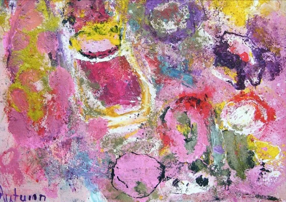 Colorful abstract painting with splashes of pink, yellow, purple, and green.