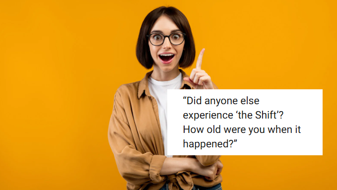 aging, millennials, the shift, 30s, woman pointing upwards,