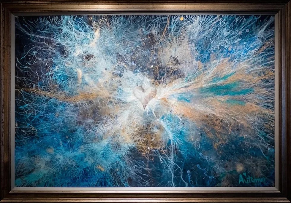 Abstract painting with a heart shape, white, blue, and brown swirls, resembling cosmic energy.