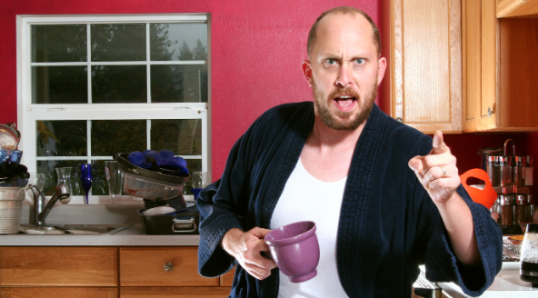 abusive dad, angy dad, man drinking coffee, man in a robe, man pointing