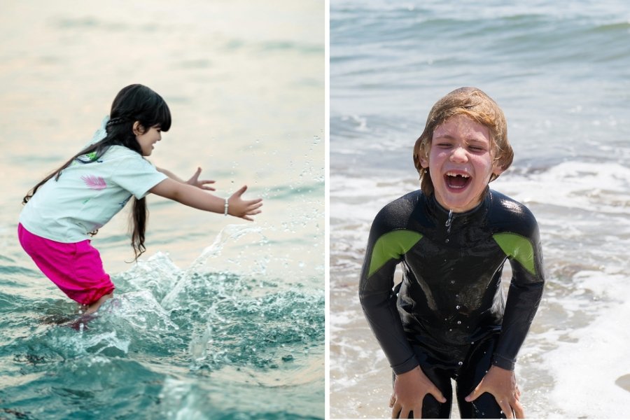 kids playing in the water, child-like joy, kids at the ocean, beach, fun