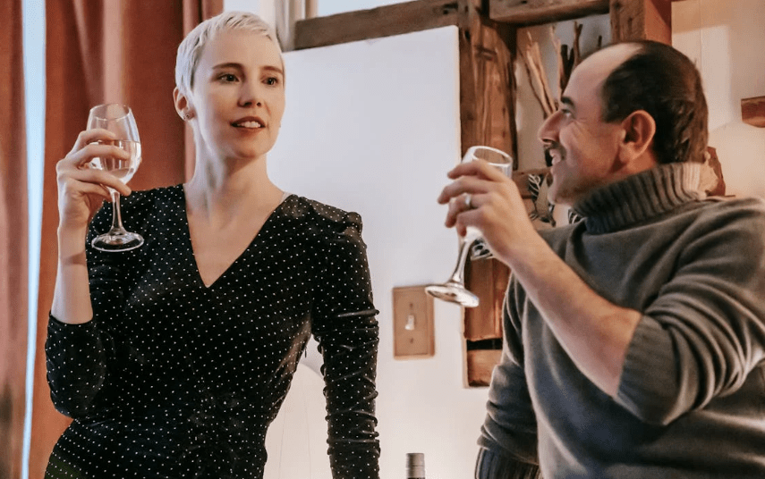 wine, date, woman and man, blonde woman, man with moustache, first date