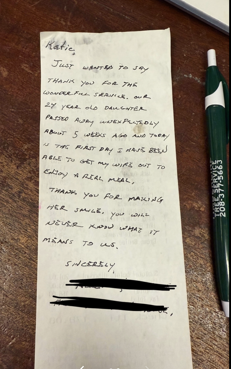 handwritten note, server, server life, waitress, tipping, restaurant, kindness, note on bill, grief, connection, losing a daughter