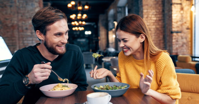 date, conversation, laughs, jokes, salads, dinner, restaurant, cafe