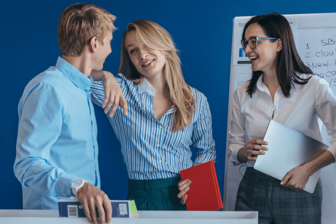 conversation, fun office, men and woman, funny conversation, jokes, levity