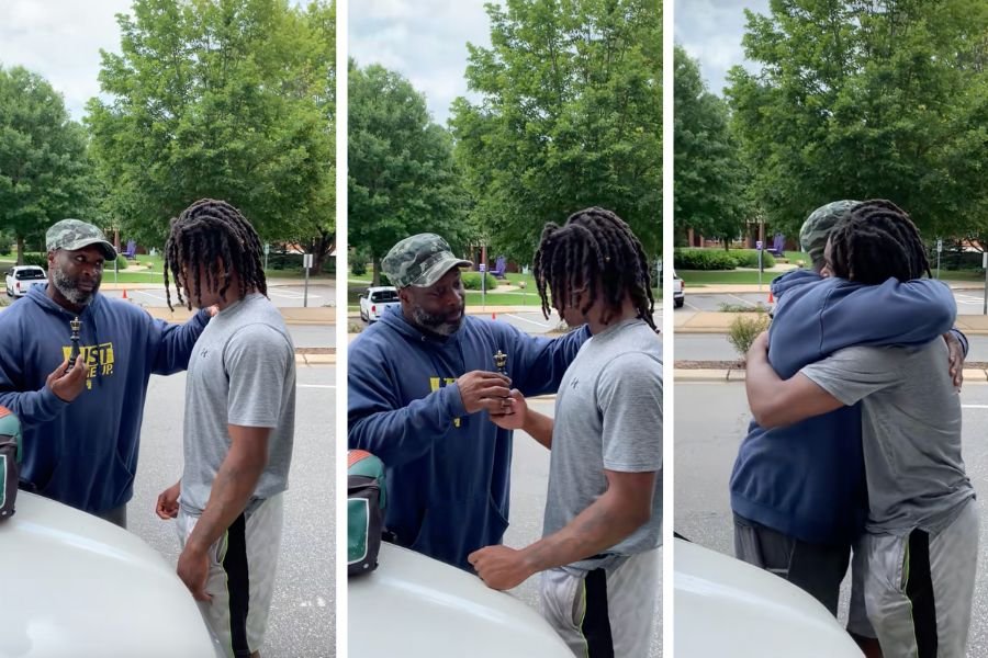 Dad hands his son a chess piece at college drop-off and now everyone's in tears