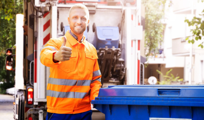 garbage man, sanitation worker, thumbs up, trash, garbage truck, orange jacket
