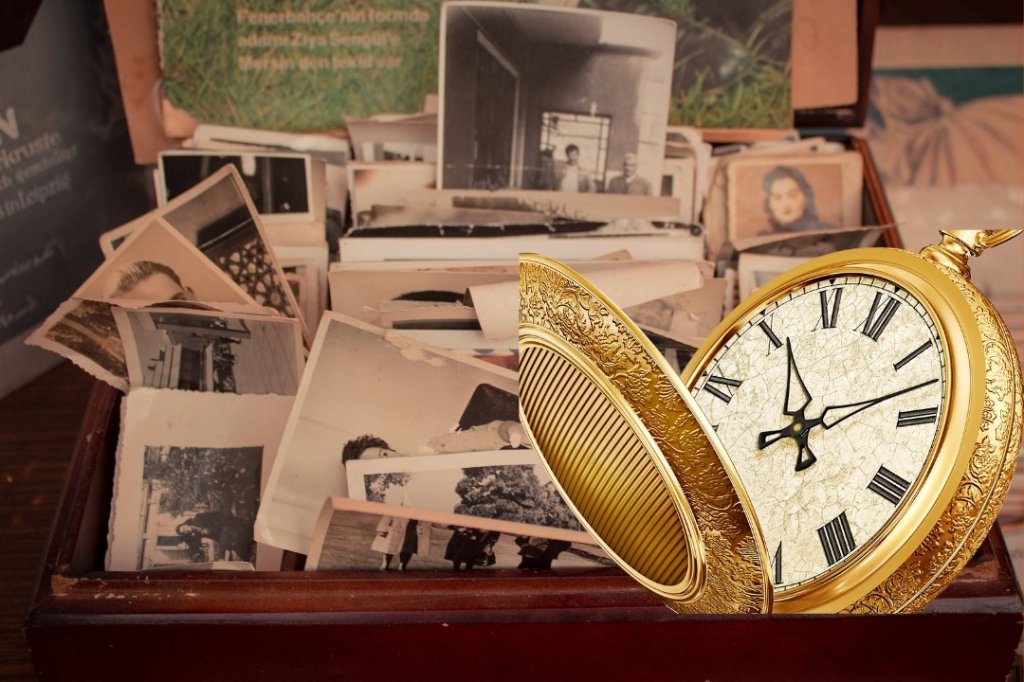 time capsule, old photos, vintage clock, half century