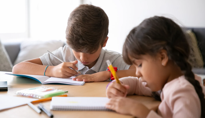 homework, students, elementary school kids, pens, pencils, 