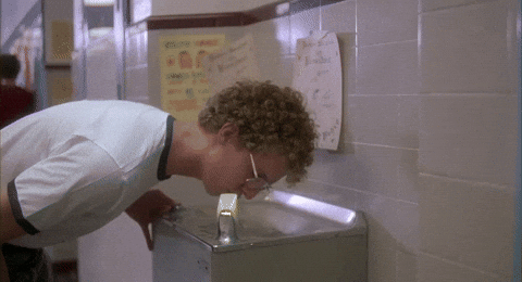 water fountain, drinking from water fountain, school water fountain, drink water, xennial