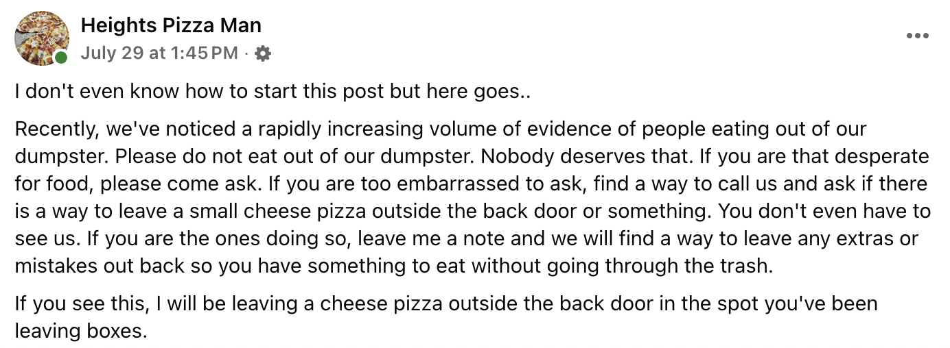heights pizza man, pizza, pizza delivery, pizza near me, kindness, free pizza