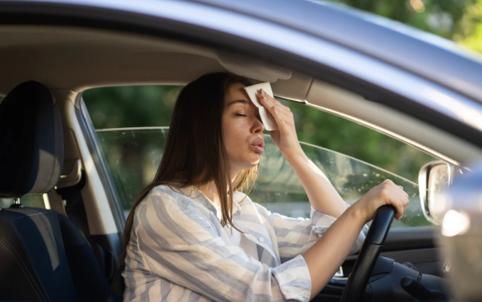hot car, hot steering wheel, hot woman, sweat, summer,