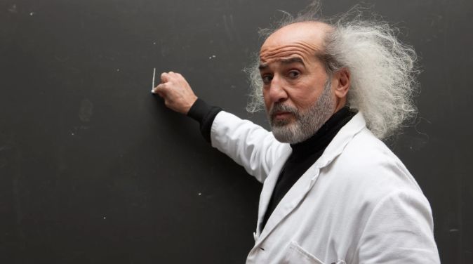professor, crazy hair, white hair, lab coat, professor