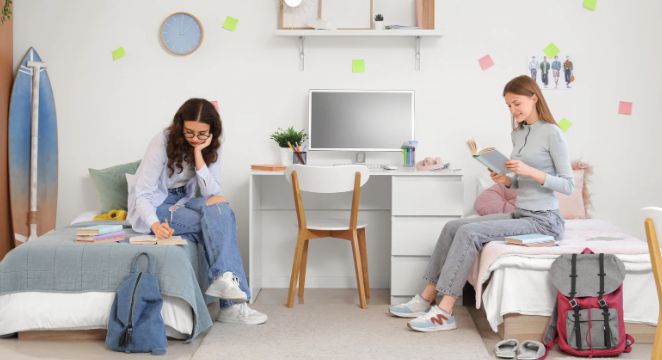 dorm room, college girls, girls studying, college life, bedroom,