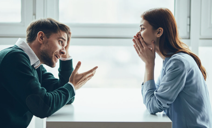 conversation, man and woman, woman laughing, attention, listening, smiles,