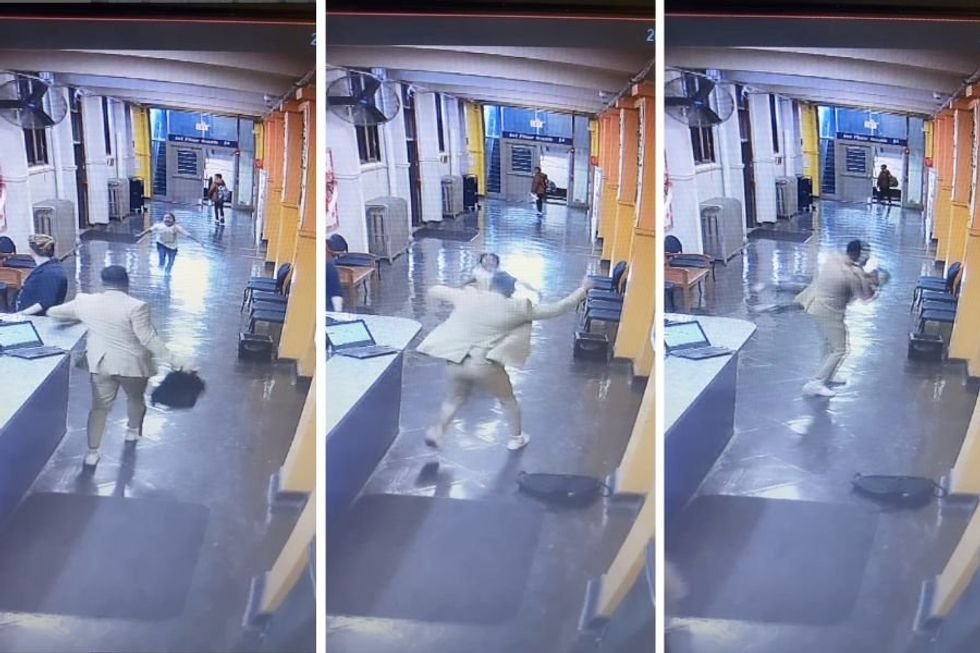 assistant principal, student, birthday, joy, celebration, school, security footage