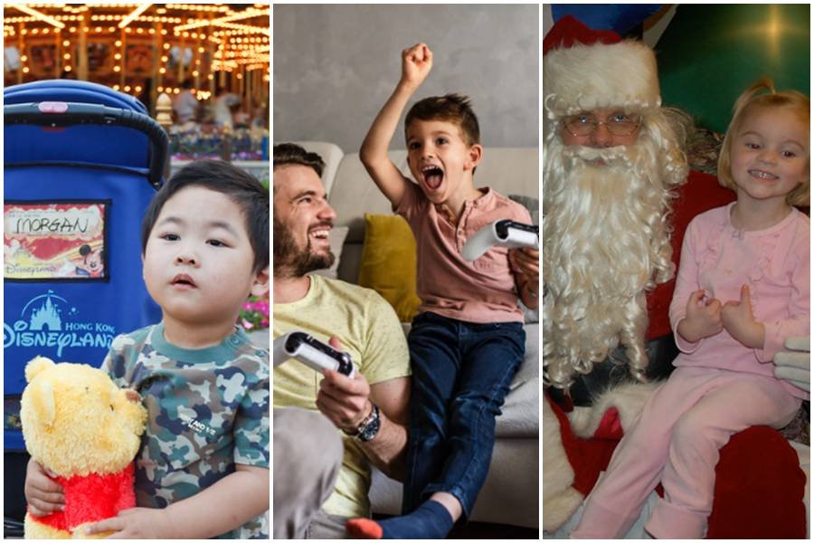 children, santa claus, stroller, disneyland, video games, dads, moms