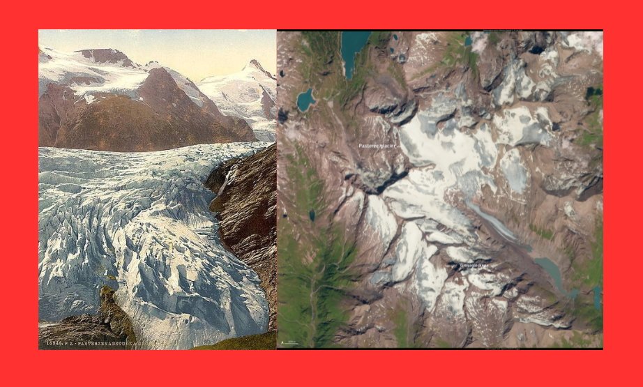 This glacier was featured on a postcard in 1900. A satellite captured where it is today.