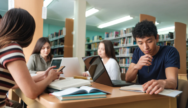 students in library, library studying, college students, university students, study hall