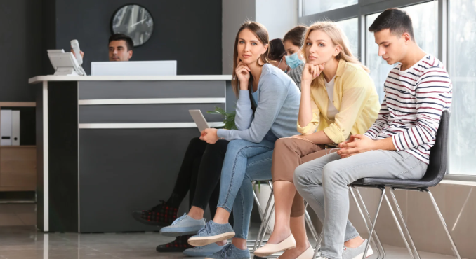 bored, impatient, anxiety, anger, waiting, line, women in line