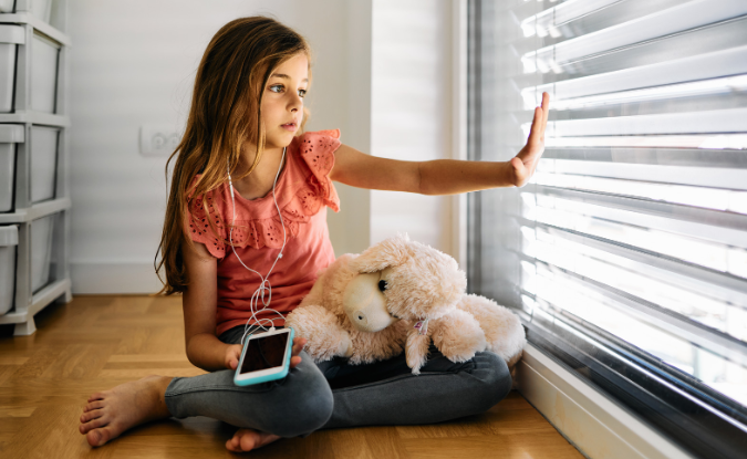 young girl alone, girl with smartphone, girl window, girl stuffed animal, boredom