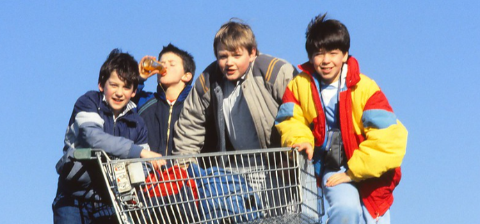 '90s kids, '80s kids, puffy jackets, kids look like goonies, shopping carts, happy kids, free kids