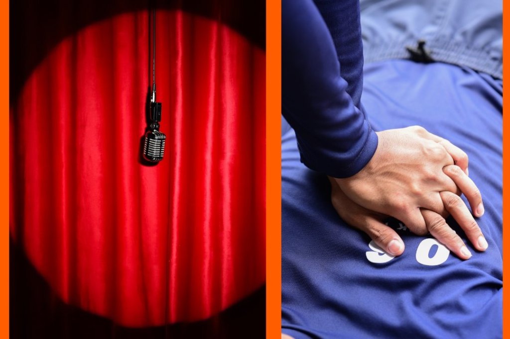 comedy club, microphone, comedian, heart attack, CPR