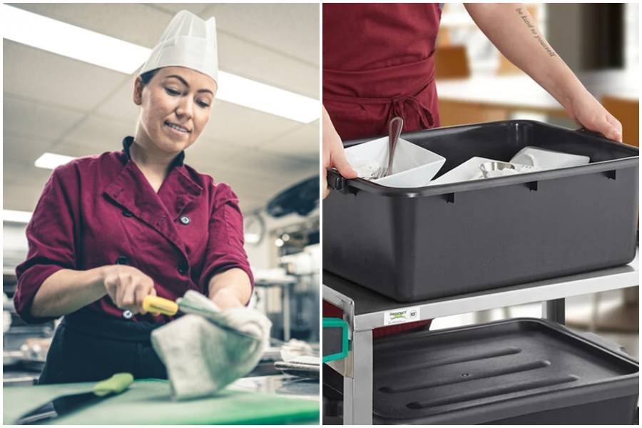 chef, bus bin, kitchen, sink, dishes fish