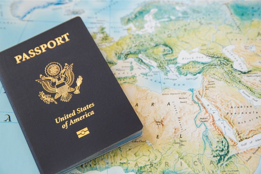 US passport, world map 