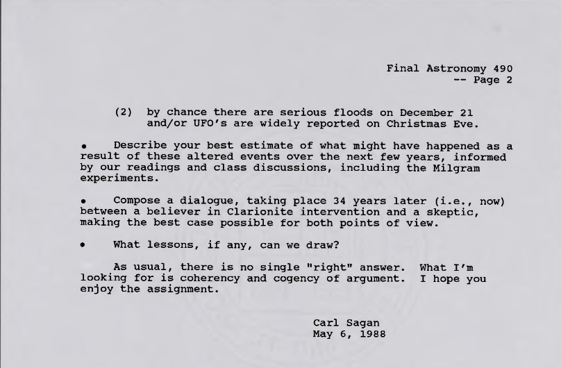 carl sagan, astronomy 490, critical thinking, final exam, college course