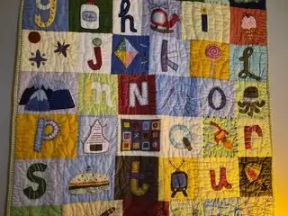 quilt, pottery barn, thrift store, alphabet, reddit