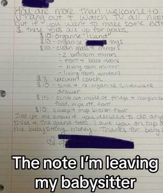 TikTok babysitter, viral video, modern parenting, money tips, household help