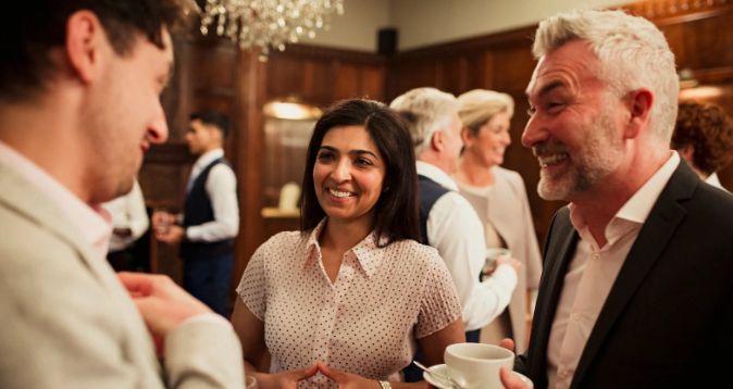 man drinking coffee, man laughing, a woman paying attention, networking event, fun networking,