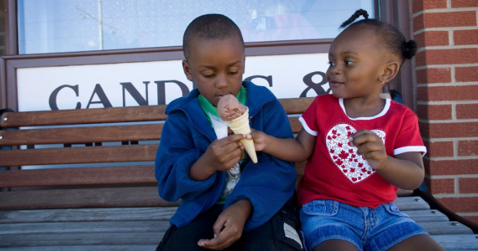kindness, good heart, green flag, ice cream, children, bench