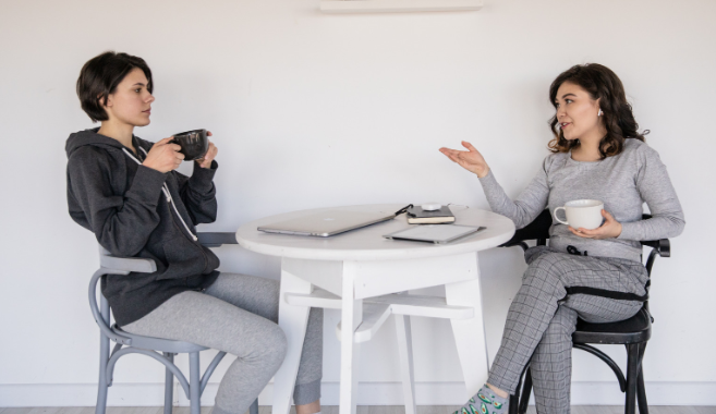 conversation, woman having coffee, two women chatting, communication, small talk, 