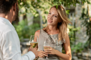 wine, conversation, good conversation, blonde lady, smiling woman, deep conversation