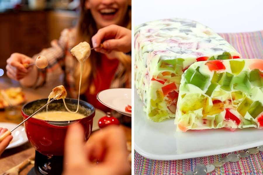 fondue, jello dessert, crown jewel dessert, retro dishes, potluck dishes
