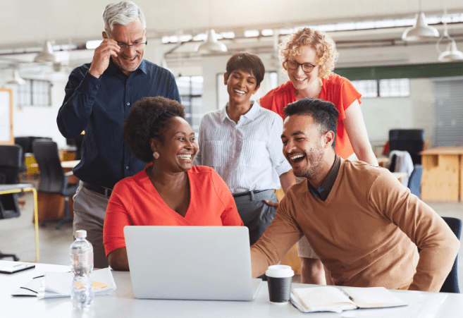 work, coworkers, laughing, computer, people having fun, coffee