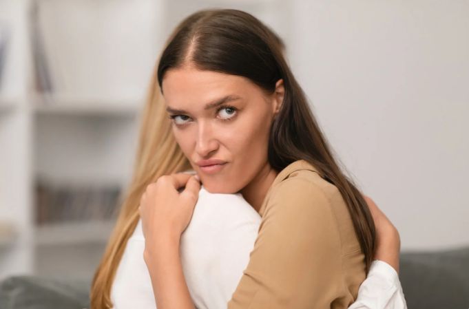 woman, women friendship, annoying friend, annoyed woman, hugging