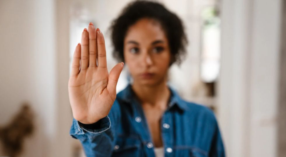 stop, woman, woman says stop, talk to hand, hand out, stop hand, conversation, awkward