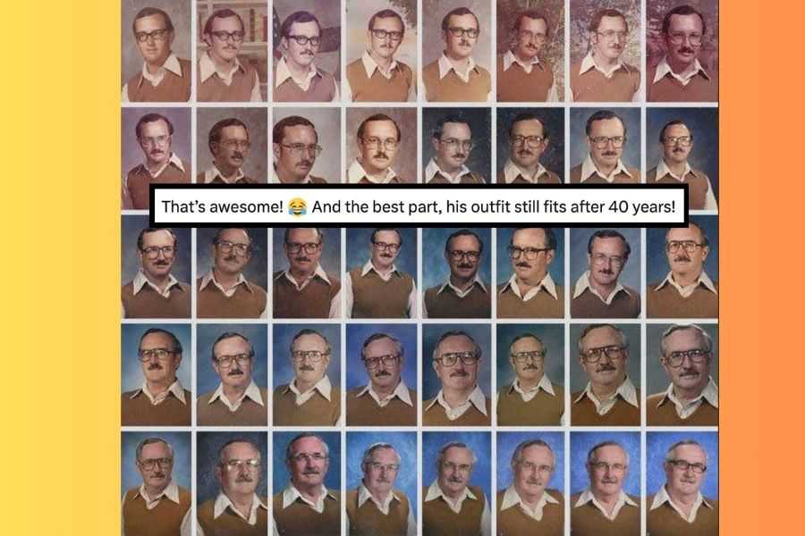picture day, 70s men's fashion, pe teacher, teacher, funny, viral post, humor, picture day fails, retirement, retired teacher