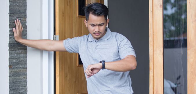 late, annoyed dad, man touching watch, time, courtesy, stressed man