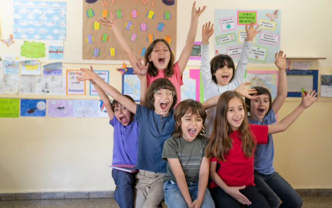 happy kids, studewnts, school, hands up, yelling kids, school