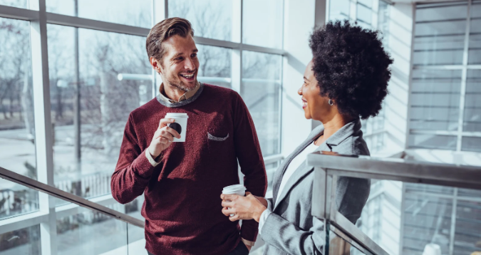 work, coworkers, laughing, people having fun, coffee