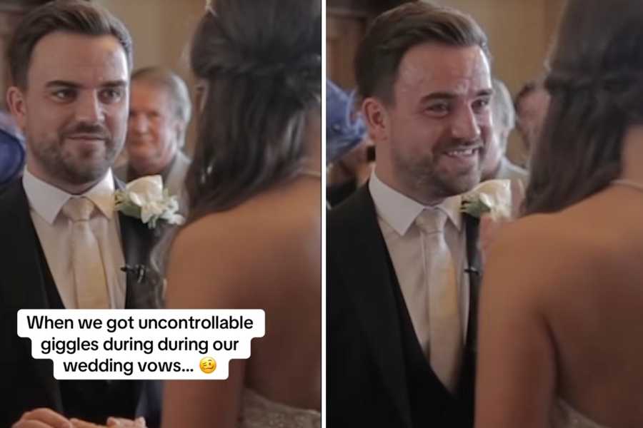 wedding, marriage vows, bride and groom, the giggles, humor, joy