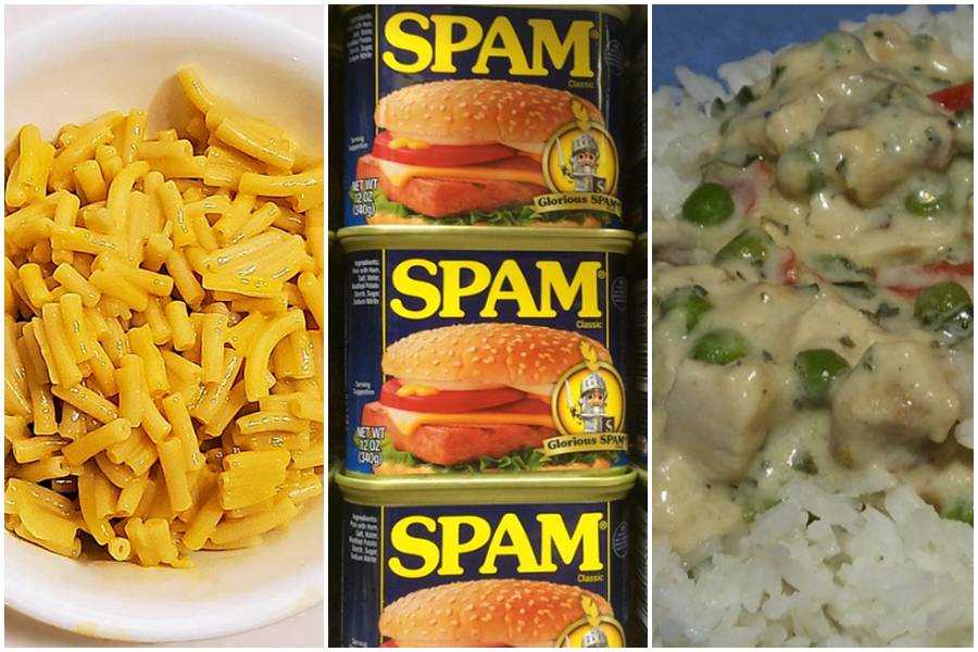 mac 'n cheese, spam, chicken a la king, cheap meals, starches, hearty foods,
