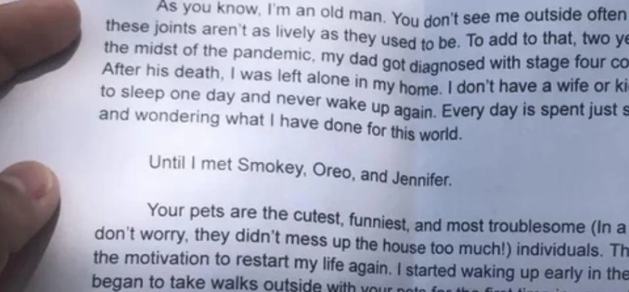 Man asks older neighbor to watch his pets and receives emotional and unexpected letter in return