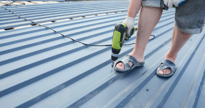 metal roof, roof repair, drill, new roof, home construction, sandals