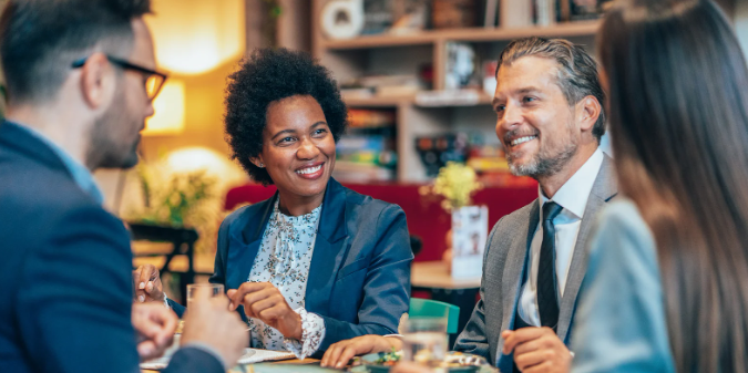 coworker, lunch, happy lunch, fun time, man smiling, woman smiling