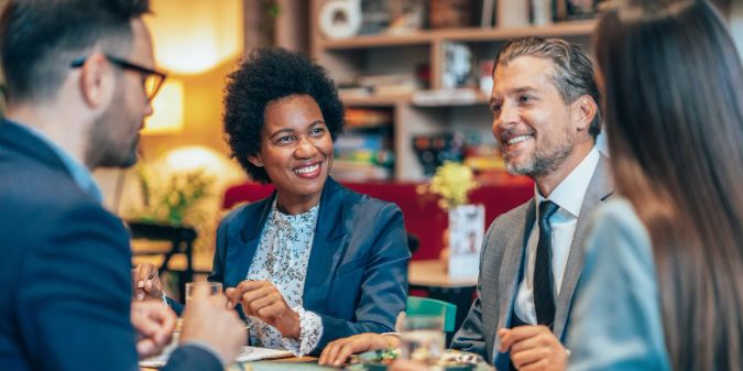 coworker, lunch, happy lunch, fun time, man smiling, woman smiling